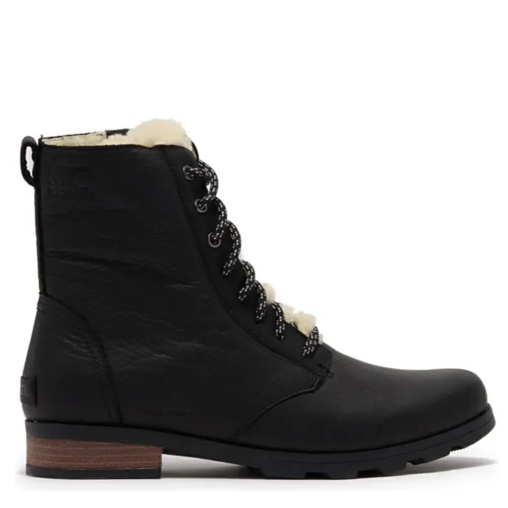 SOREL Emelie Genuine Shearling Lamb Fur Short Lace-Up Boot, Black, Size 9,‎ NWT